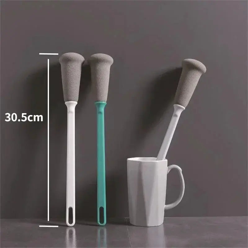Simples Market long-handle sponge cup brush set, 3 brushes with white and teal handles and gray foam heads, 30.5 cm tall