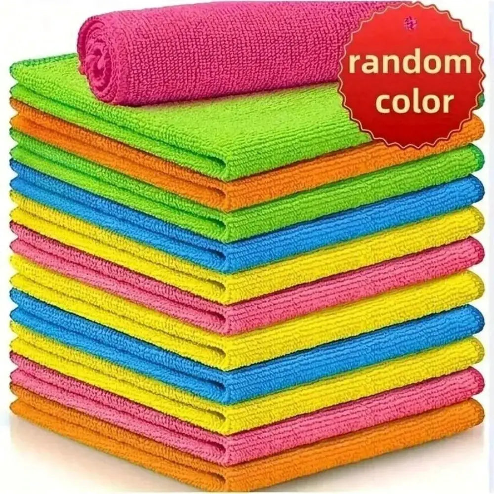 Multicolor microfiber cleaning cloth set; soft, quick-drying absorbent for kitchen and bathroom