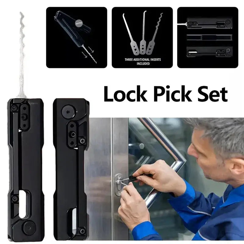 Lock pick set with stainless steel picks; compact black tools and three inserts included