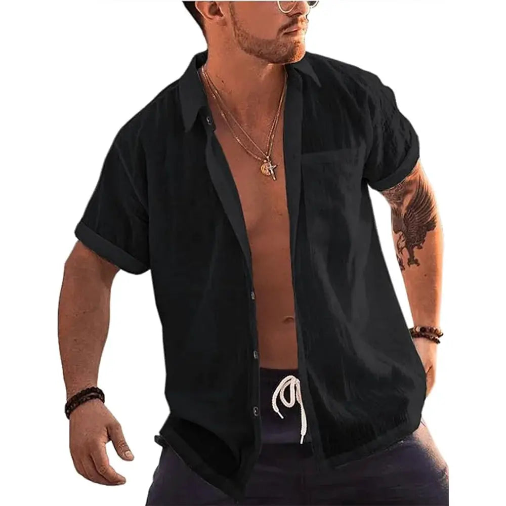 Men's short-sleeve black linen-cotton button-up shirt with chest pocket by Simples Market