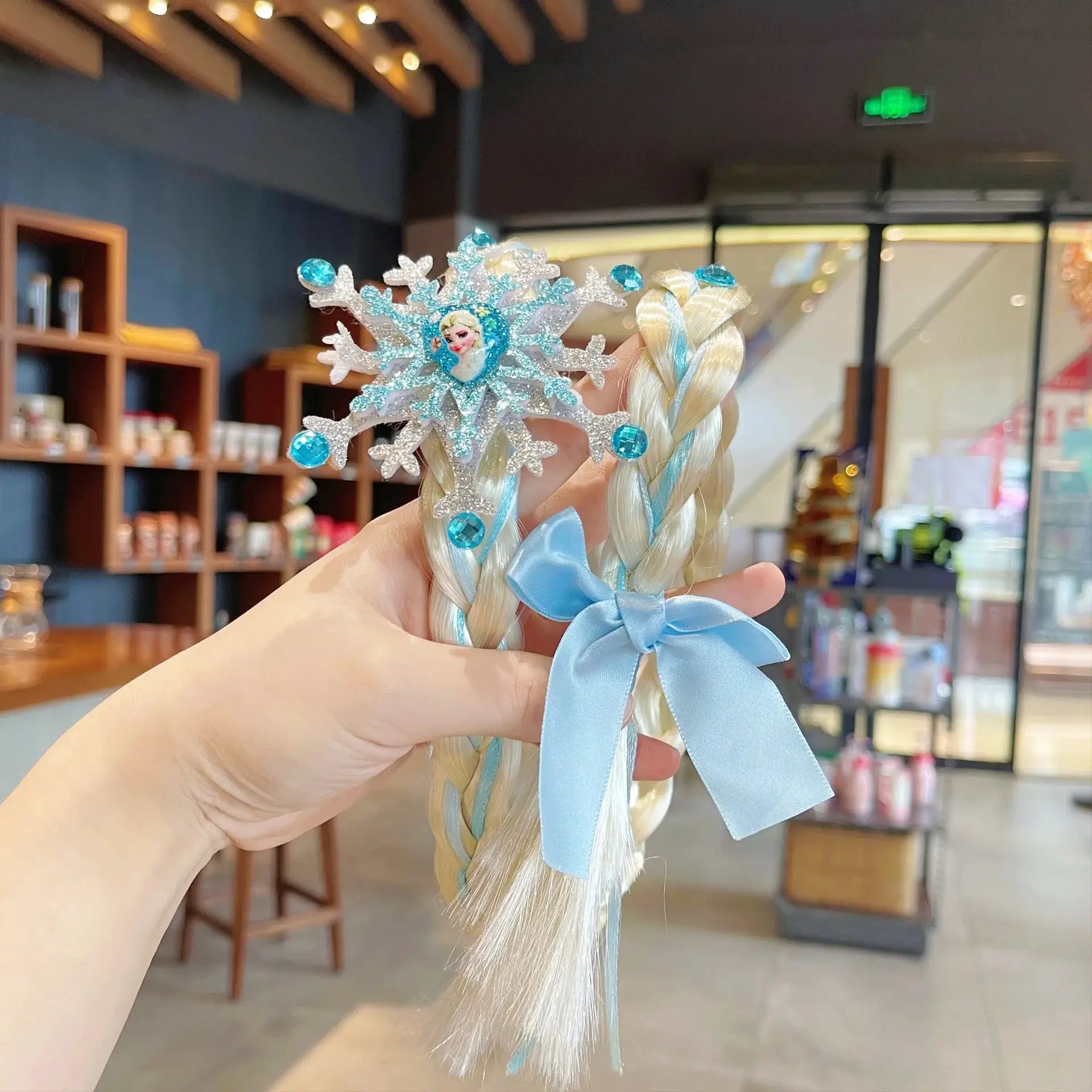 Frozen Elsa Princess Crown Headband for kids with glitter snowflakes, blue gems and pale blue ribbon by Simples Market