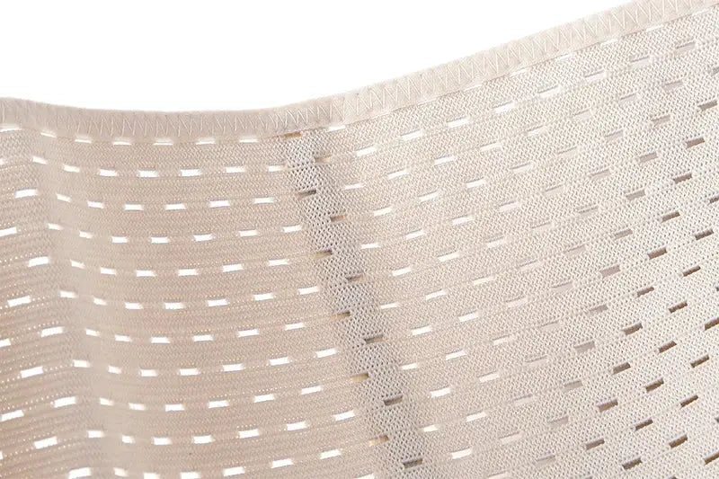 Waist trainer belt close-up in beige perforated fabric for high-compression shapewear