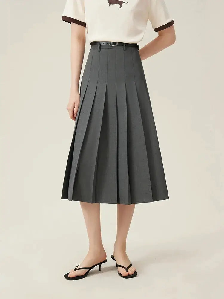 Women's grey pleated midi skirt with belt for office wear