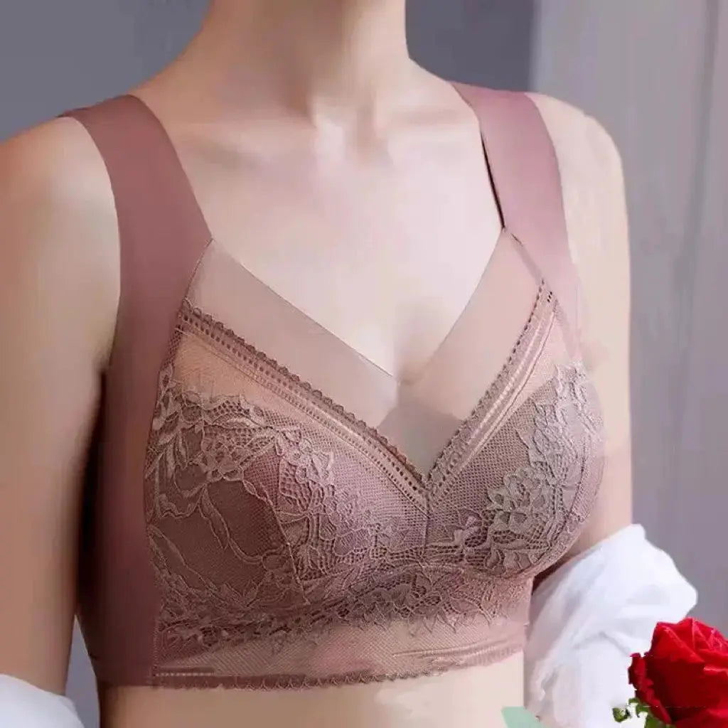 Women lace plus-size padded bra in blush pink with floral lace and seamless band