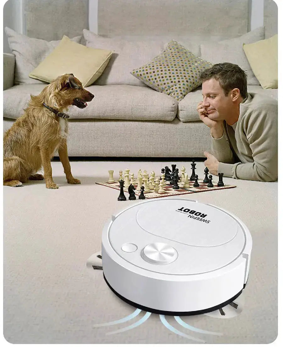 3-in-1 USB robot vacuum cleaner by Simples Market, white, 1500Pa suction, on beige carpet beside a man and his dog.