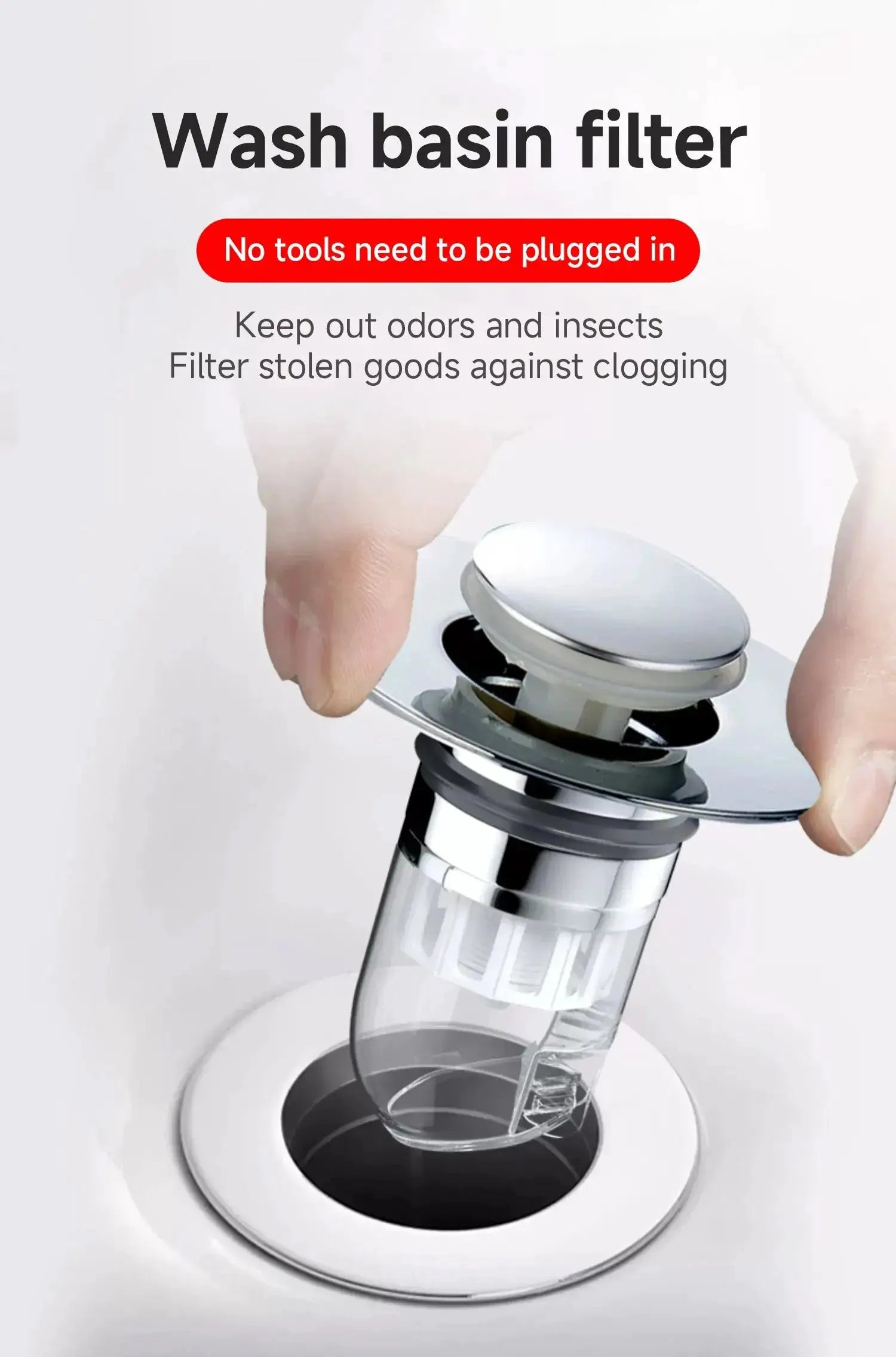 Universal basin pop-up drain filter by Simples Market, with chrome cap and transparent filter housing.