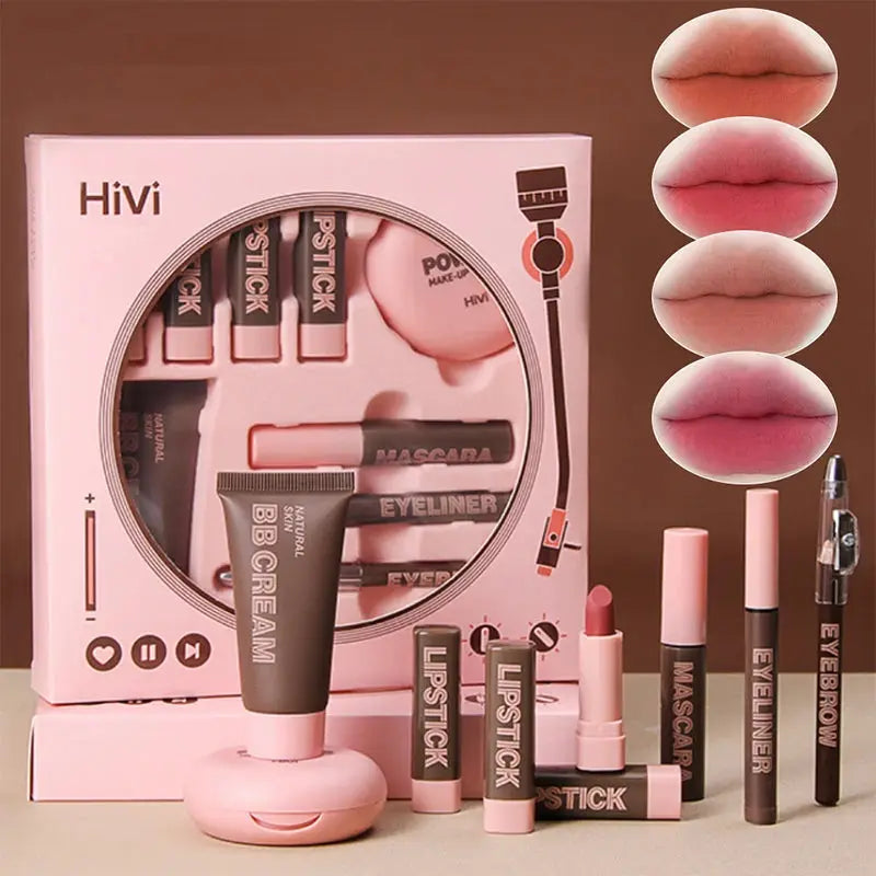 LuxeCosmetics Holiday Glow Nine Lipsticks Set With Powder BB Cream Eyebrow Pencil Mascara Eyeliner Christmas Makeup Kit