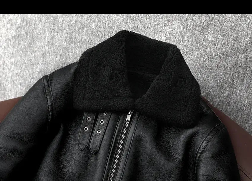Black leather fur jacket with thick shearling collar and zip front