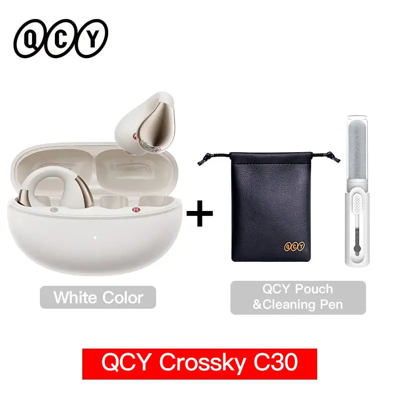 QCY Crossky C30 ear clip wireless earbuds, white, with included black pouch and cleaning pen
