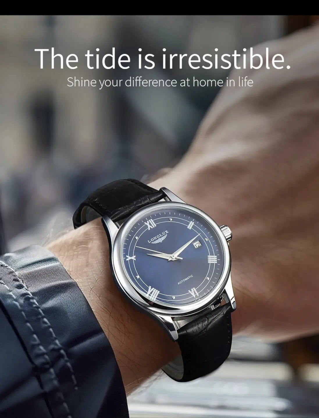 LONGLUX automatic men's wristwatch with blue dial, Roman numerals, date window, black leather strap