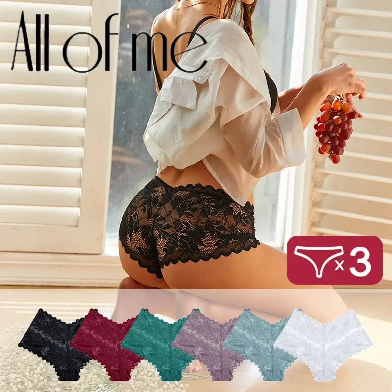 3-piece lace panty set with floral edging; black lace brief on model with assorted color options displayed