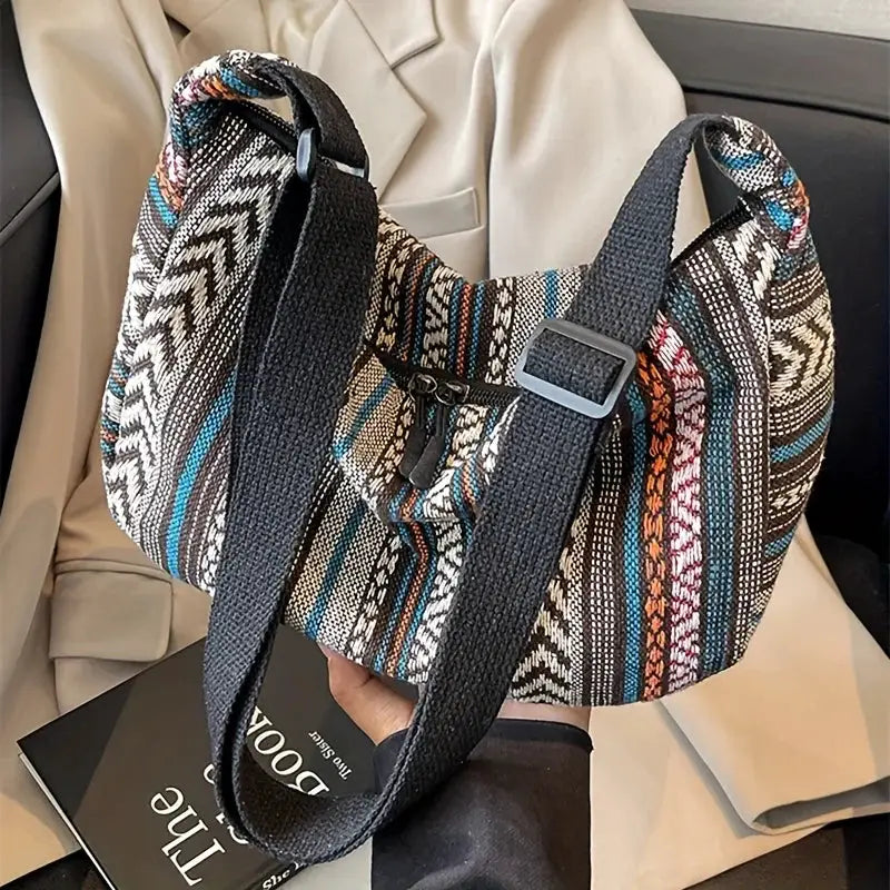 Tribal Style Foldable Crossbody Bag With Zipper Closure And Striped Flag Pattern Canvas