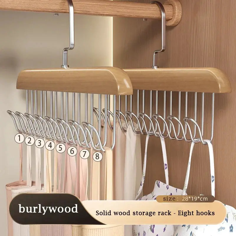 Solid wood wave hanger drying rack with eight metal hooks for belts and garments by Simples Market