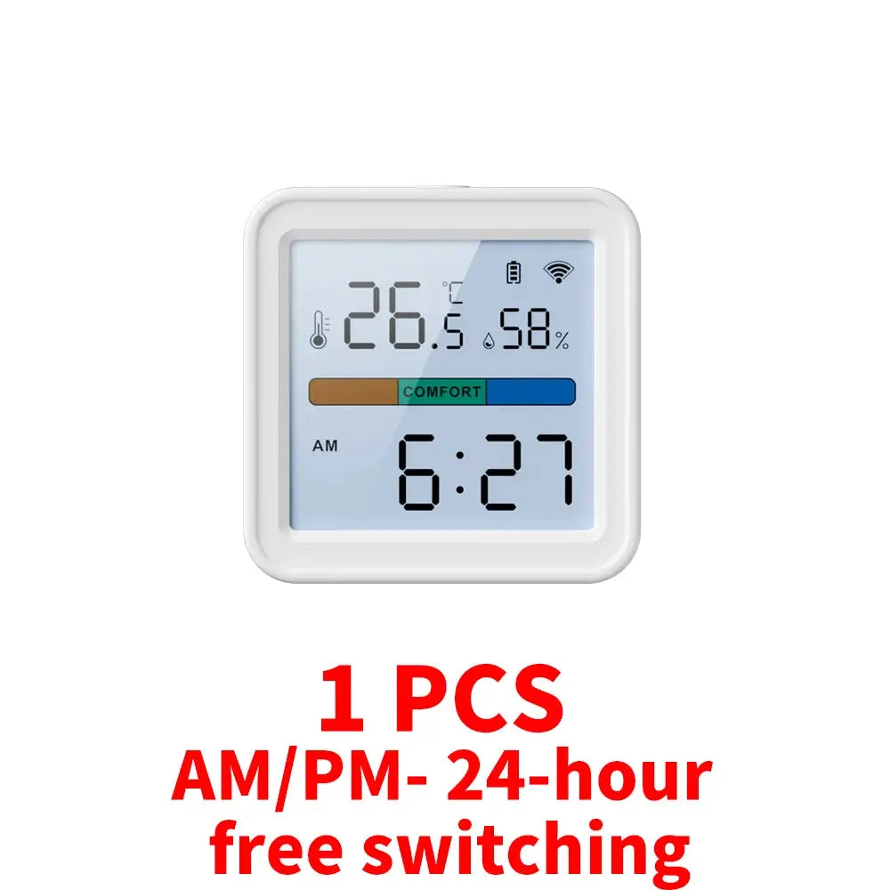 White square Tuya Zigbee WiFi temperature humidity sensor with digital display showing 26.5°C and 58%
