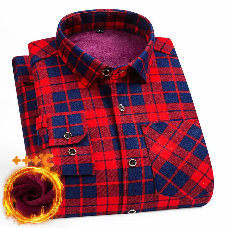 Men's thick plaid flannel shirt in red and navy with purple fleece lining, button-front, 7XL8XL; Simples Market.