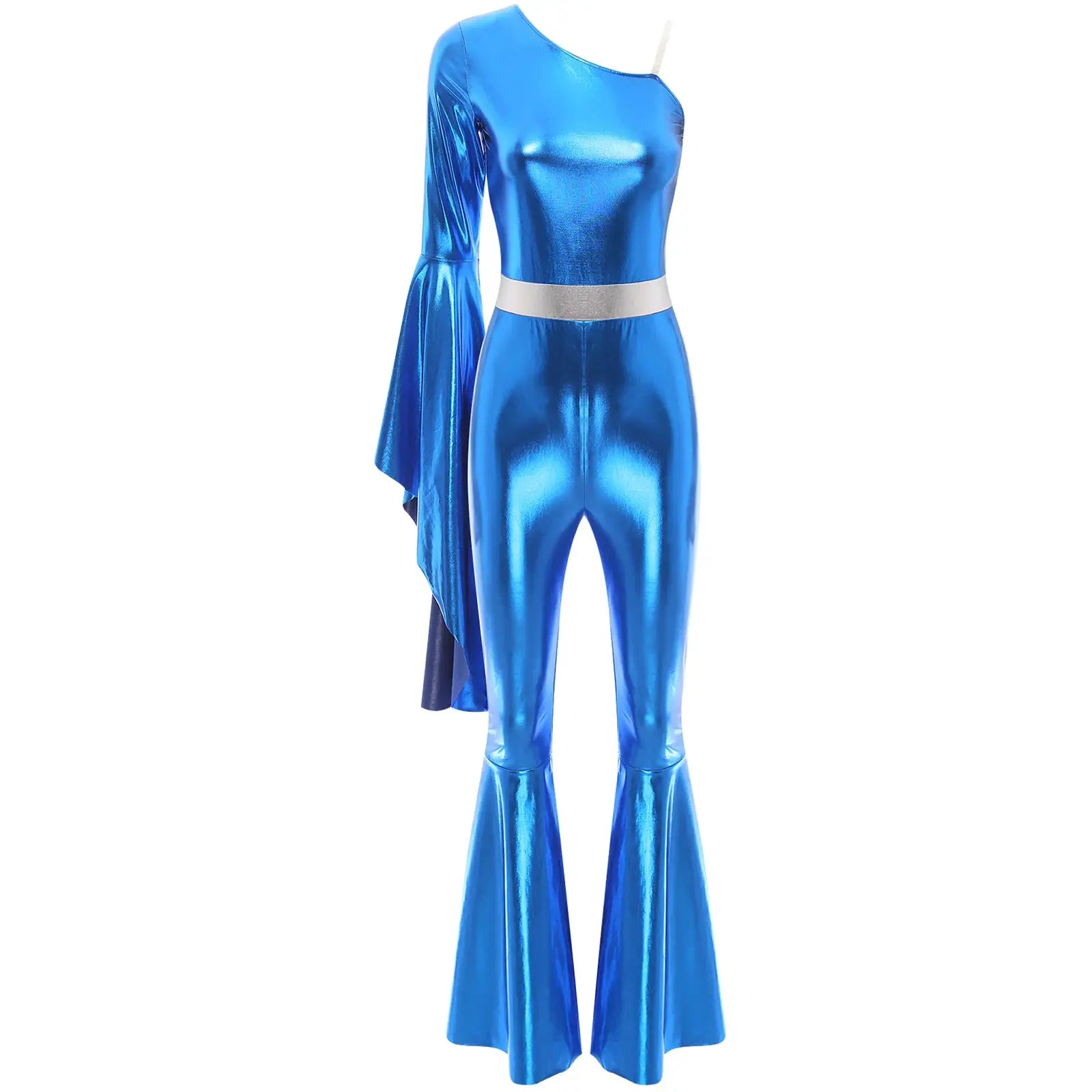 Womens metallic blue disco jumpsuit with flare sleeve, bell-bottom pants and silver belt
