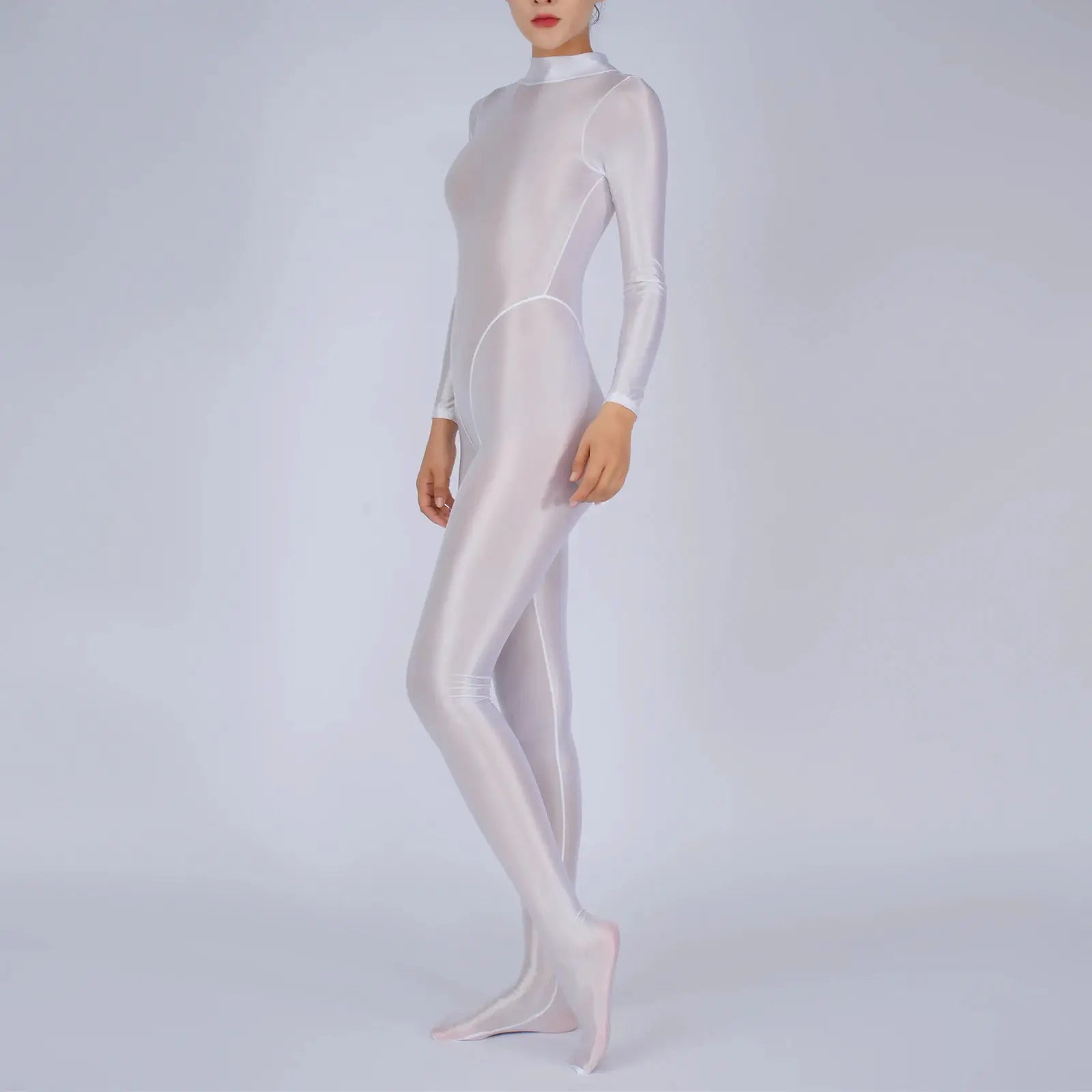 Womens silver metallic full-body jumpsuit, long sleeves, footed one-piece sportswear