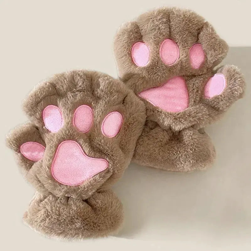 Cartoon Cute Cat Claw Paw Gloves Women Plush Mittens Warm Soft Short Fingerless Fluffy Bear Cat Gloves Costume
