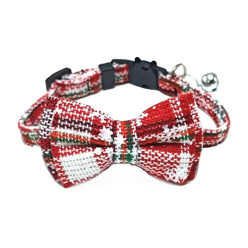 Pet Breakaway Cat Collar With Bow Tie And Bell Plaid Christmas Red Adjustable Elastic For Cats And Small Dogs