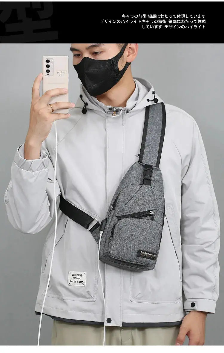 Men's chest bag by Simples Market; lightweight gray canvas crossbody with front zip pockets