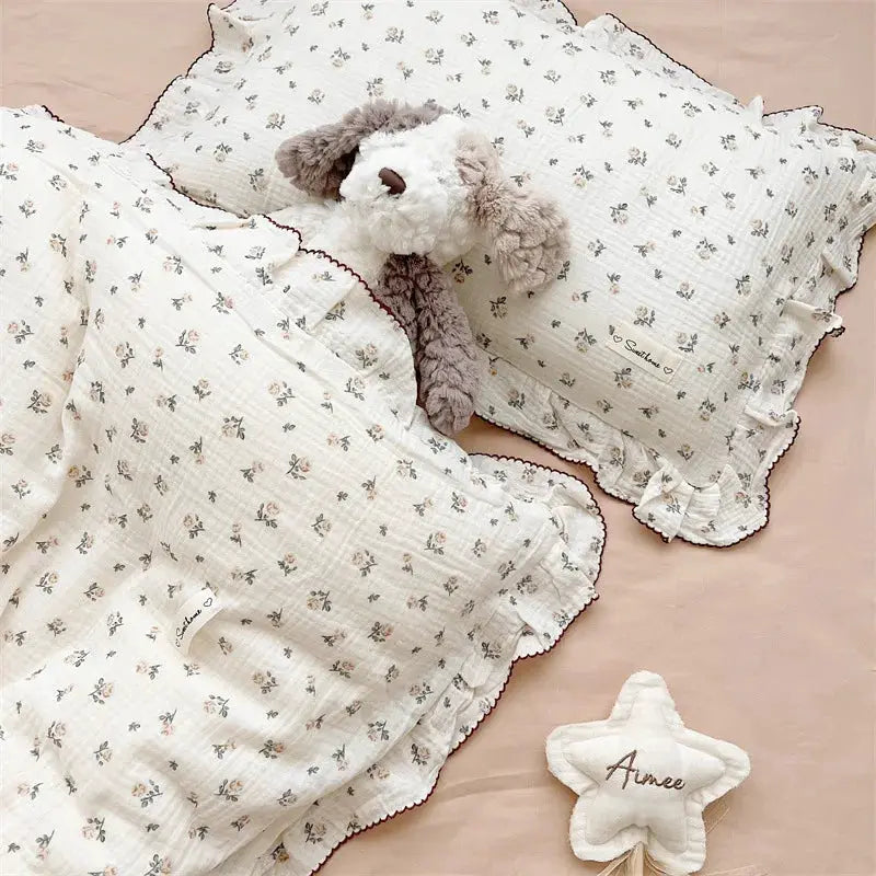 Simples Market INS Princess gauze bedding set, 3-piece, 100% cotton with floral print and ruffle-edge burgundy trim