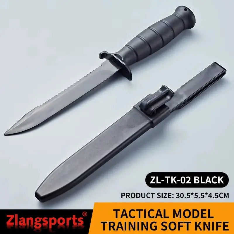 Training fixed-blade knife Zlangsports with black ABS handle and TPE soft rubber blade, includes sheath
