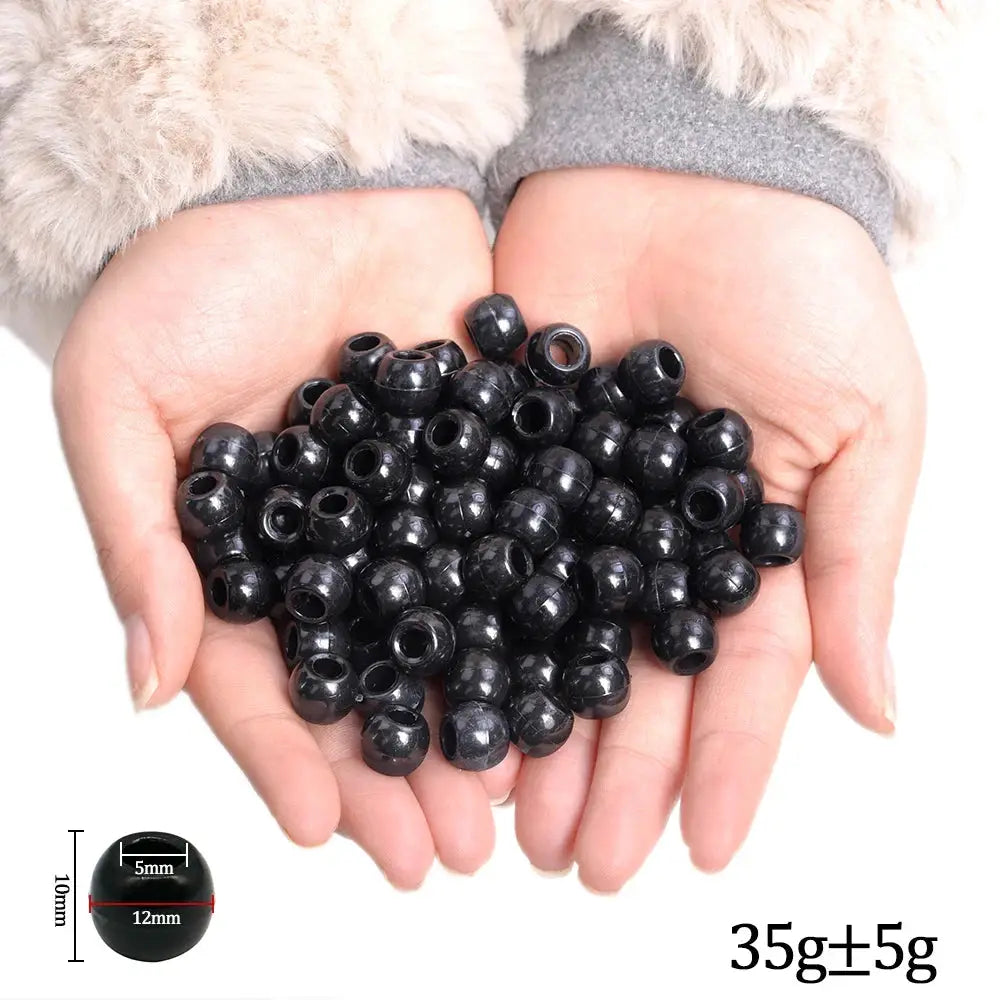 Hair braiding beads, black plastic; 12mm diameter, 5mm hole, approx. 35g held in hands