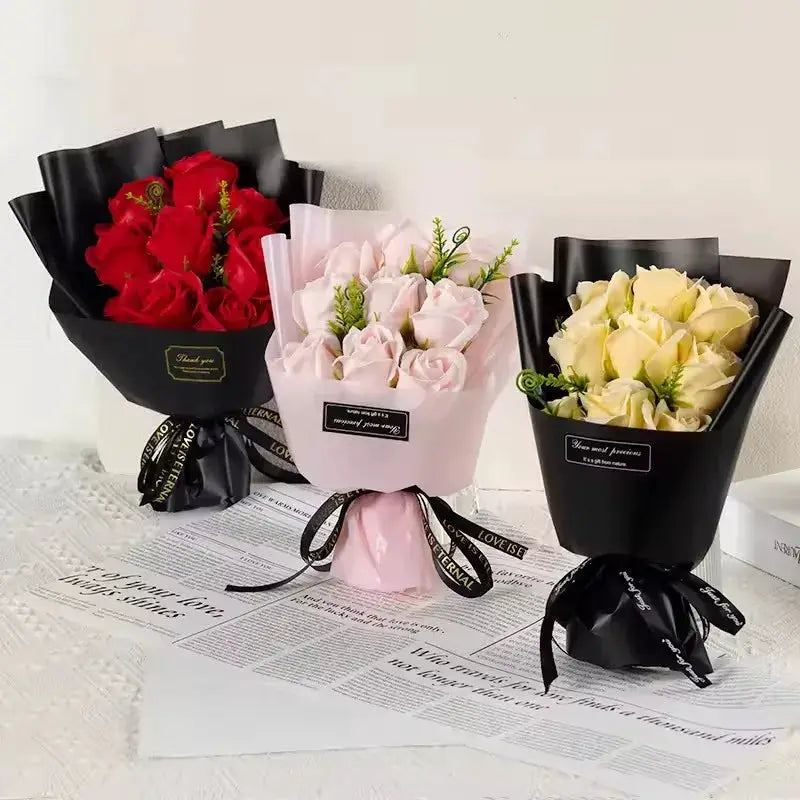 Simples Market 9 Heads Soap Flower Rose Bouquet set with 3 bouquets in red, pink and ivory artificial roses