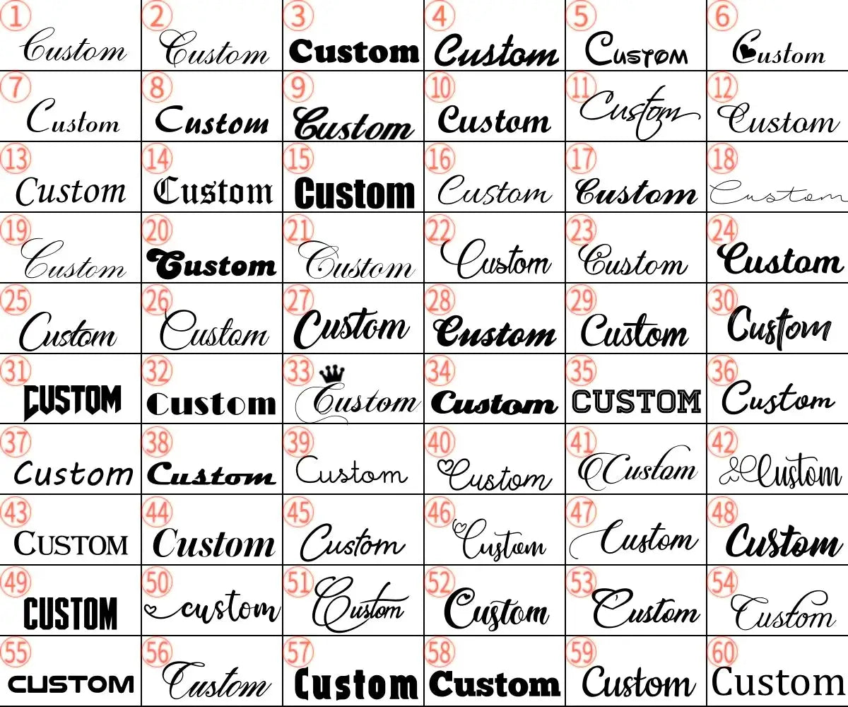 Custom name font styles sheet displaying 60 variations for personalized stainless steel nameplates