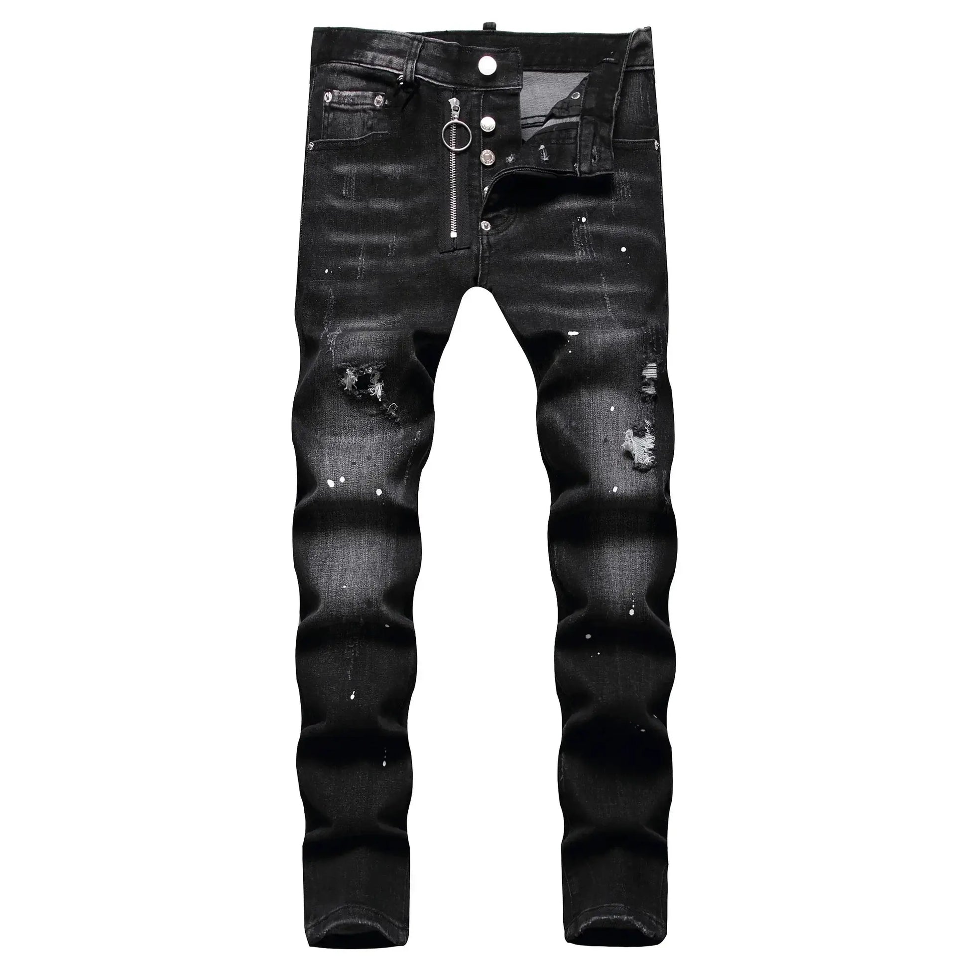 Men's ripped dark-wash denim jeans with distressed holes and zip fly
