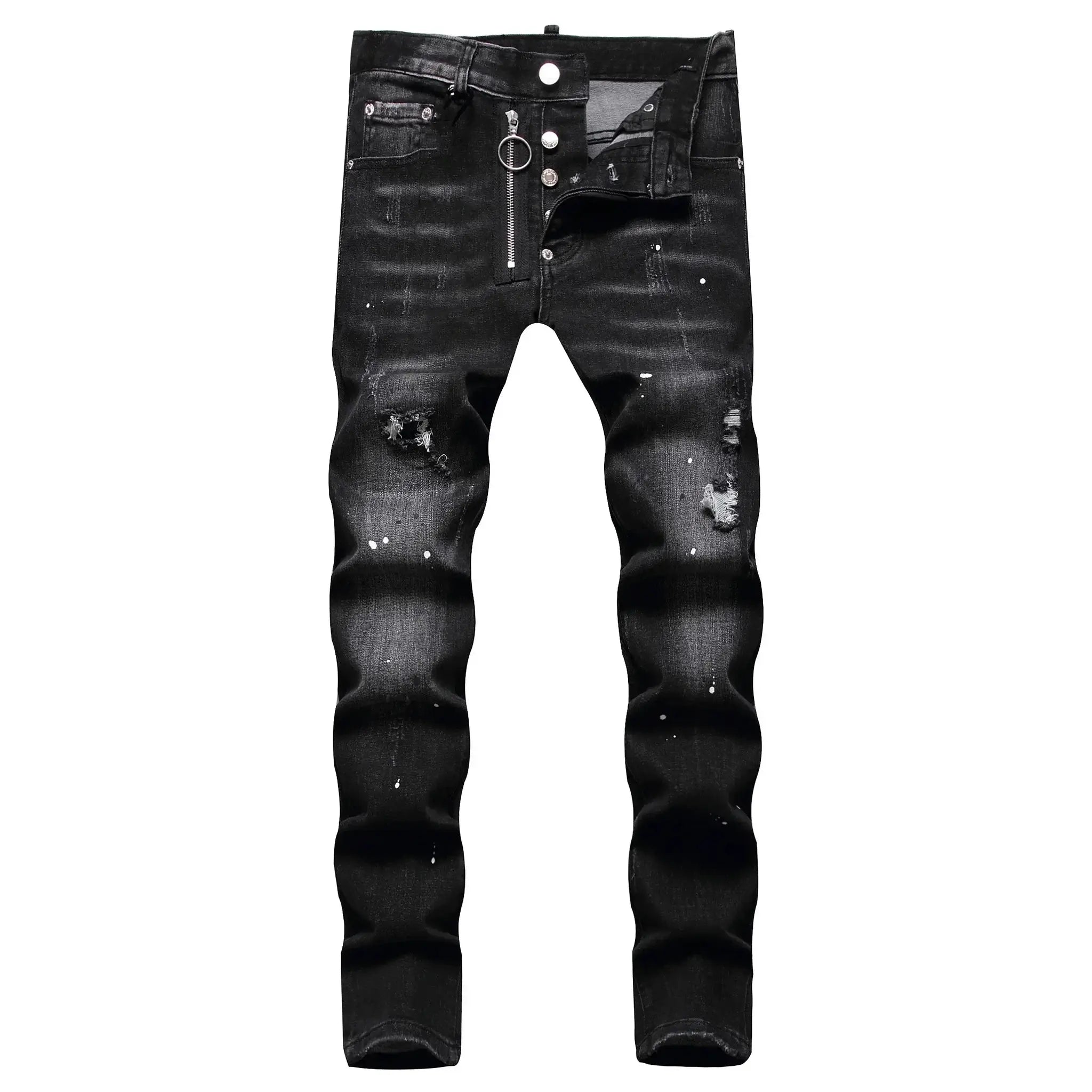 Men's ripped dark-wash denim jeans with distressed holes and zip fly