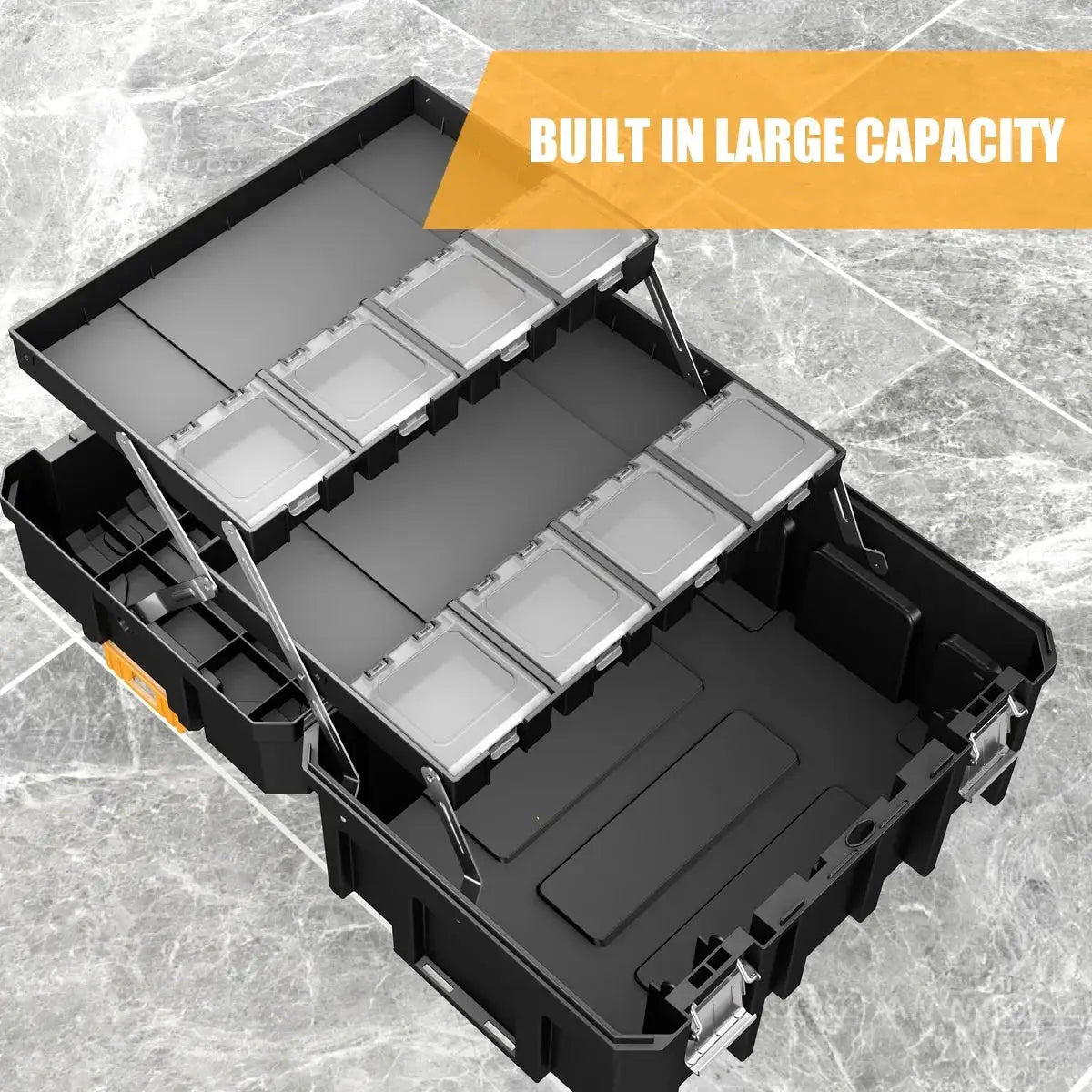 AIRAJ Stackable Modular Combo Toolbox Set in black with clear-lidded bins; portable, space-saving design
