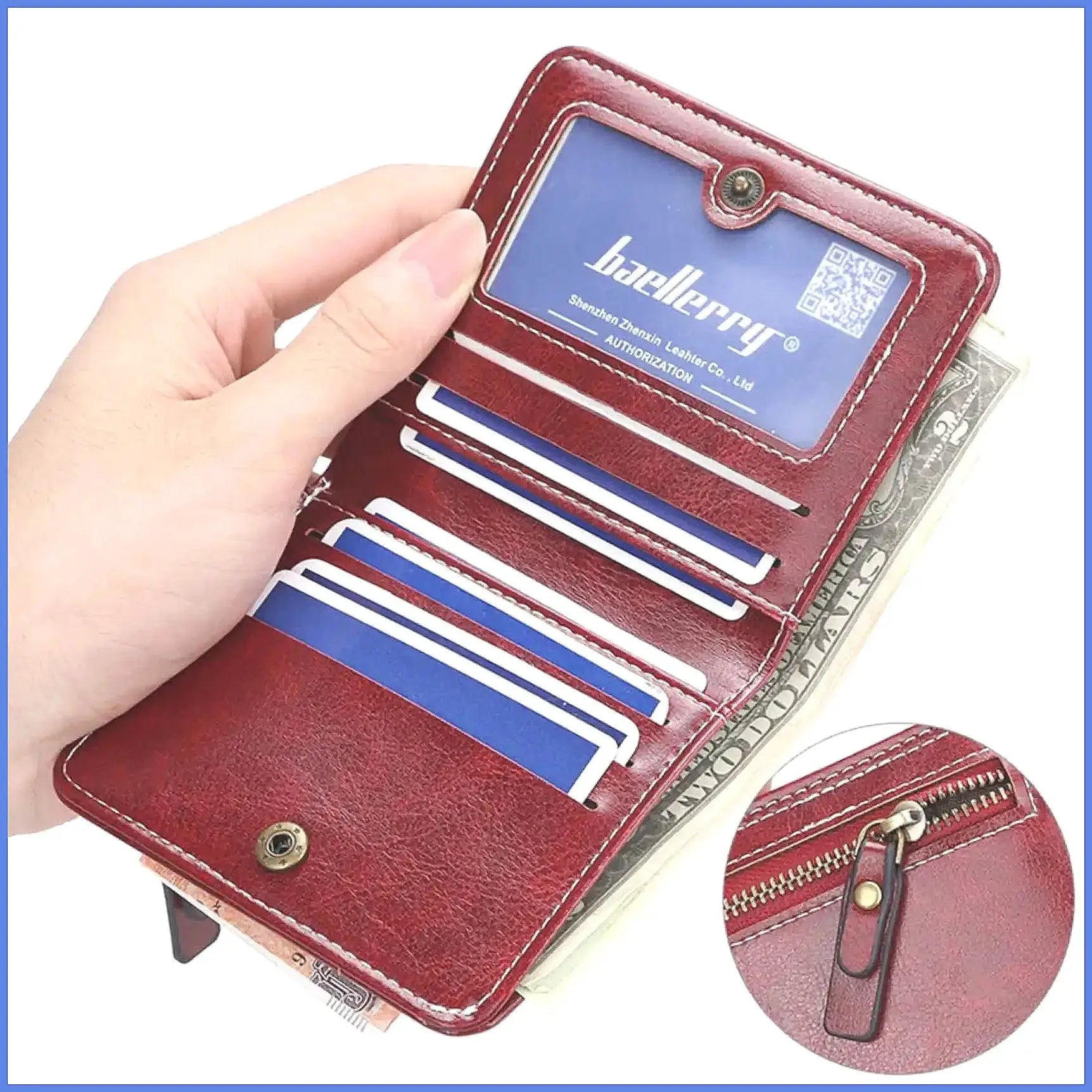Women's red PU leather wallet with multiple card slots and a small zip coin purse.