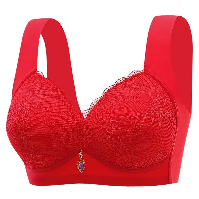 Red lace padded bra with wide straps, decorative center charm, no underwire, large size, women's underwear