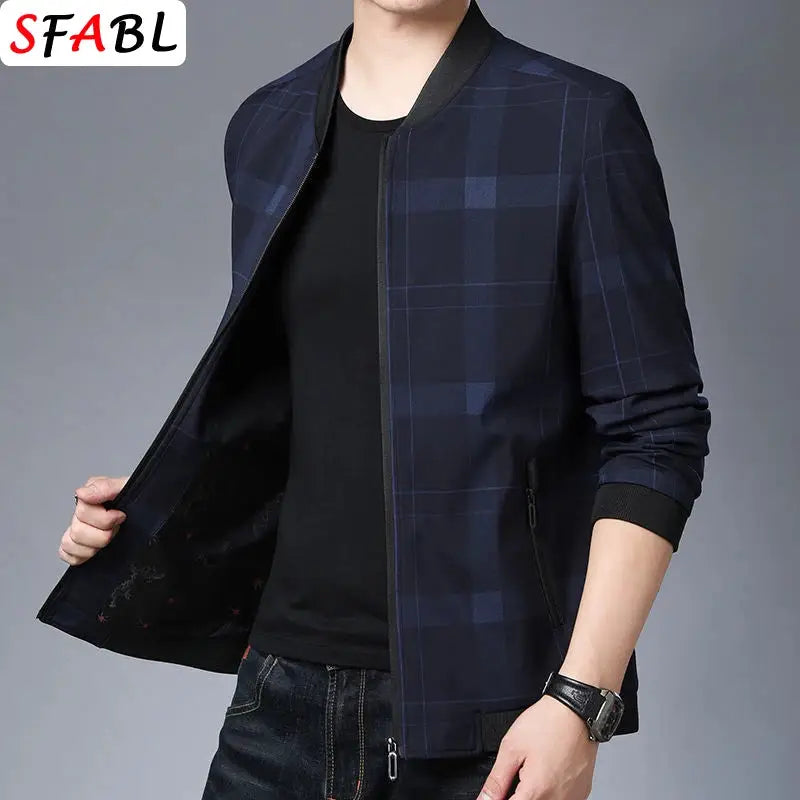 Men's navy plaid bomber jacket with zip front and ribbed cuffs; SFABL logo visible