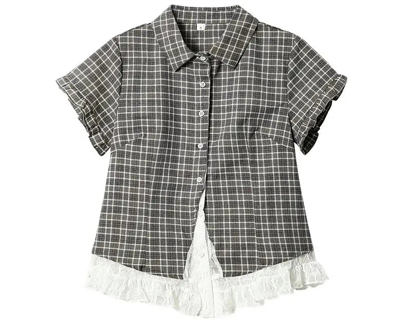 Lace patchwork plaid shirt by Simples Market, gray check short sleeves with white lace hem, vintage casual blouse