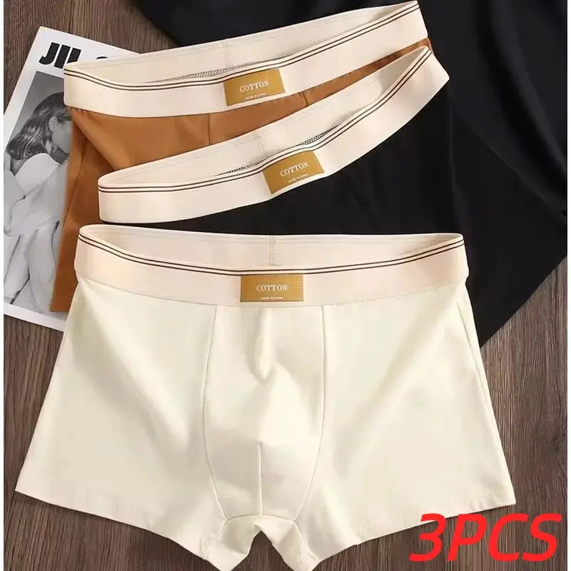 3-pack men's cotton boxers in cream, brown, and black with beige elastic waistband.