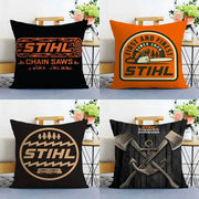 Pillow covers set: four double-sided STIHL themed cushions in black, orange, brown and dark wood.