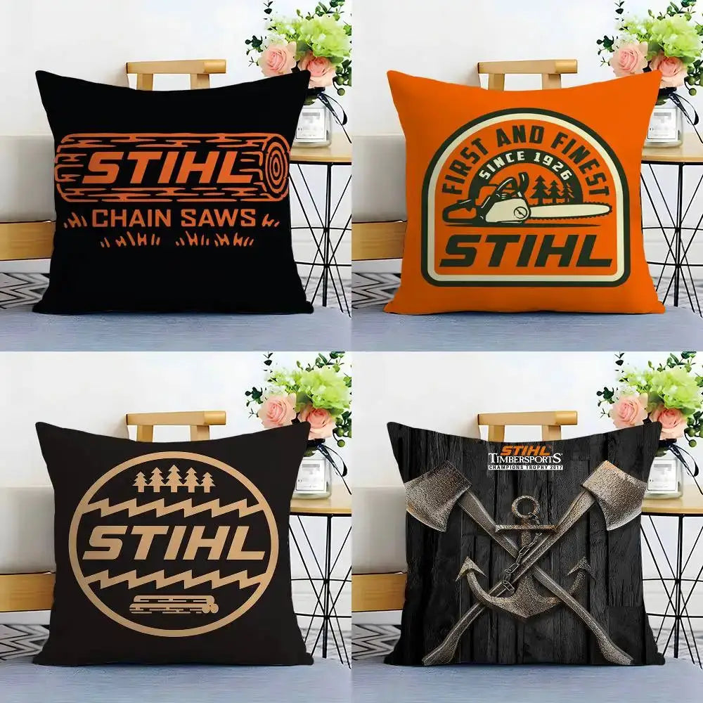 Pillow covers set: four double-sided STIHL themed cushions in black, orange, brown and dark wood.