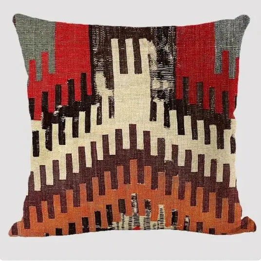 Bohemian linen cushion cover by Simples Market in multicolor abstract geometric pattern.