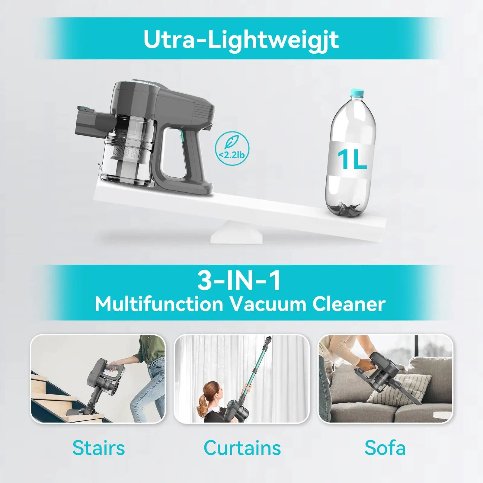 YISORA N300 cordless upright vacuum cleaner; ultra-lightweight 3-in-1 for stairs, curtains, sofa.