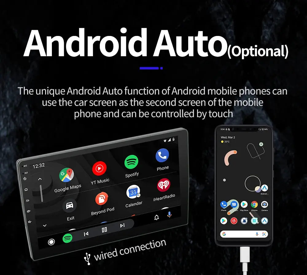 2 items: BQCC 4core 2-Din Android Auto car radio with IPS touchscreen and connected smartphone