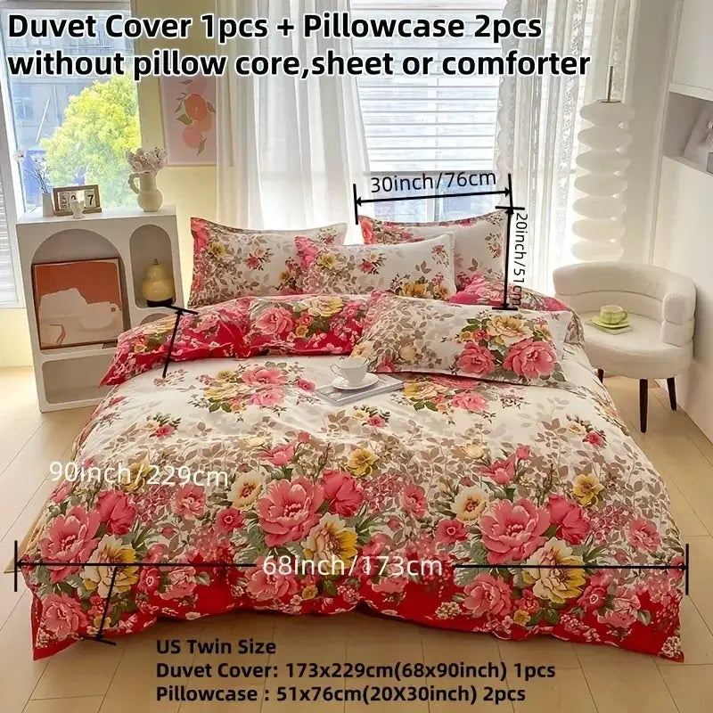 Simples Market floral duvet cover set with zipper closure, 1 duvet cover + 2 pillowcases, pink and white floral print.