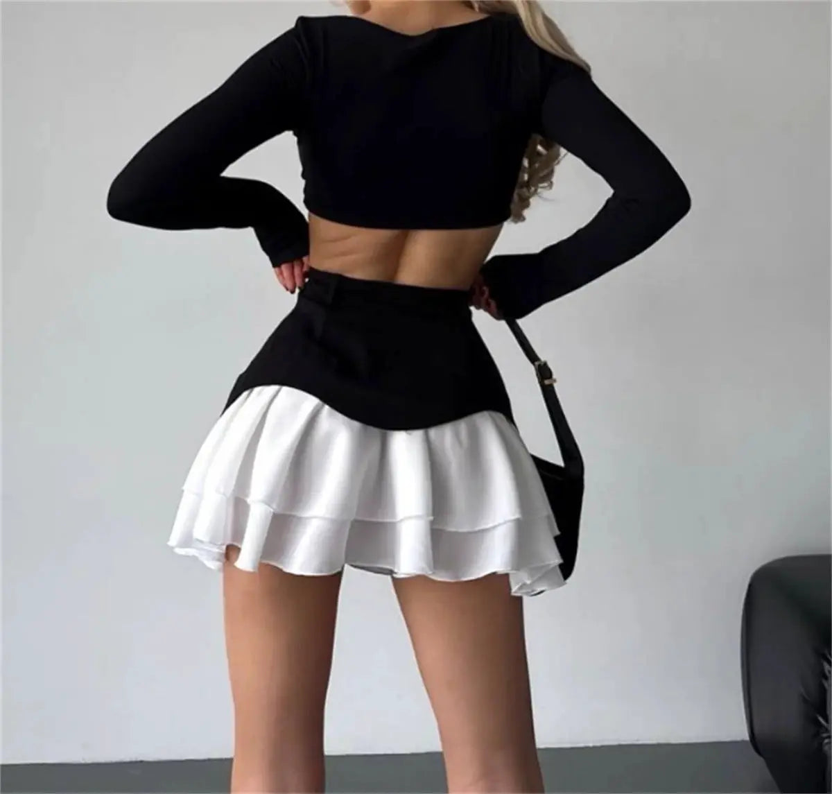 Chic Ruffles women's white layered-ruffle mini skirt, high-waisted A-line