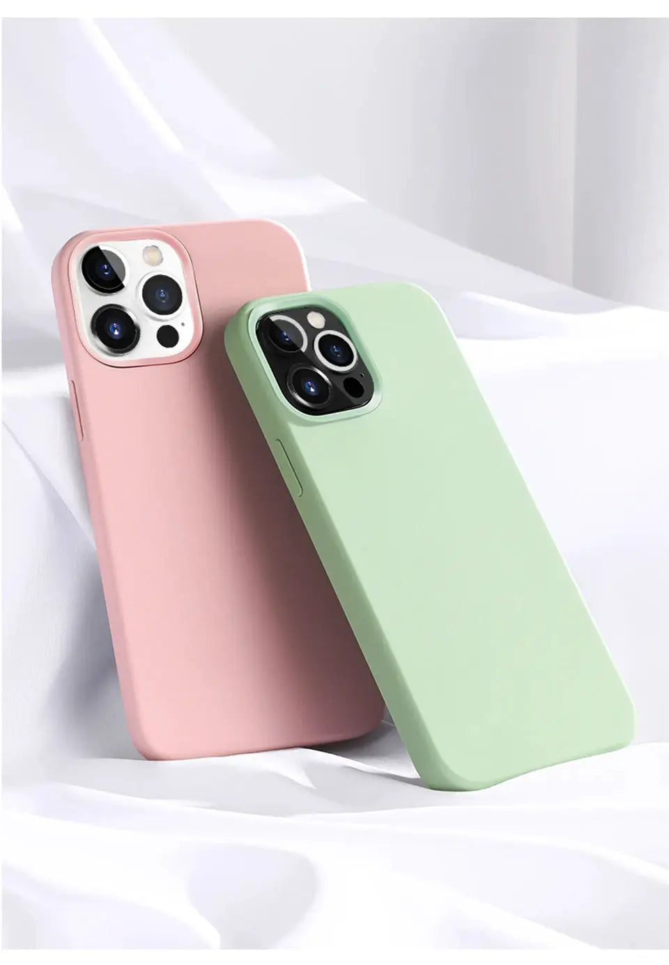 Two pastel pink and mint green liquid silicone iPhone cases for Apple iPhone 11–16 Pro Max