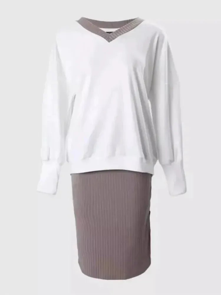 Autumn Winter Two Piece Set Loose V Neck Sweatshirt And Tight Skirt