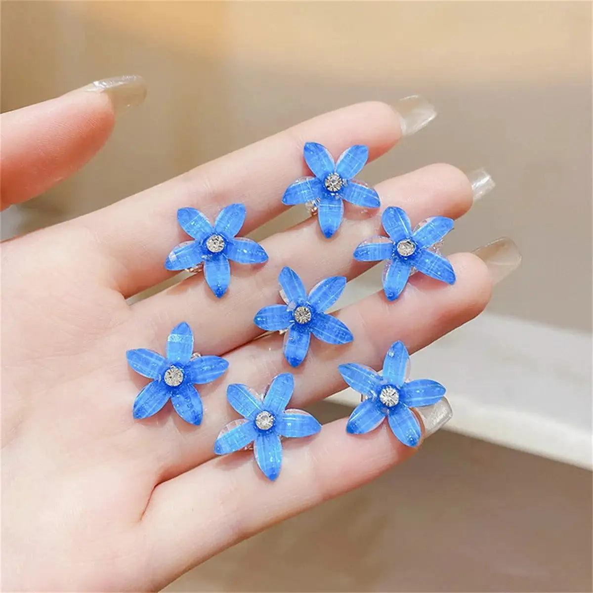 Flower hair clips, blue with rhinestone centers, 10 pcs travel-friendly mini clips