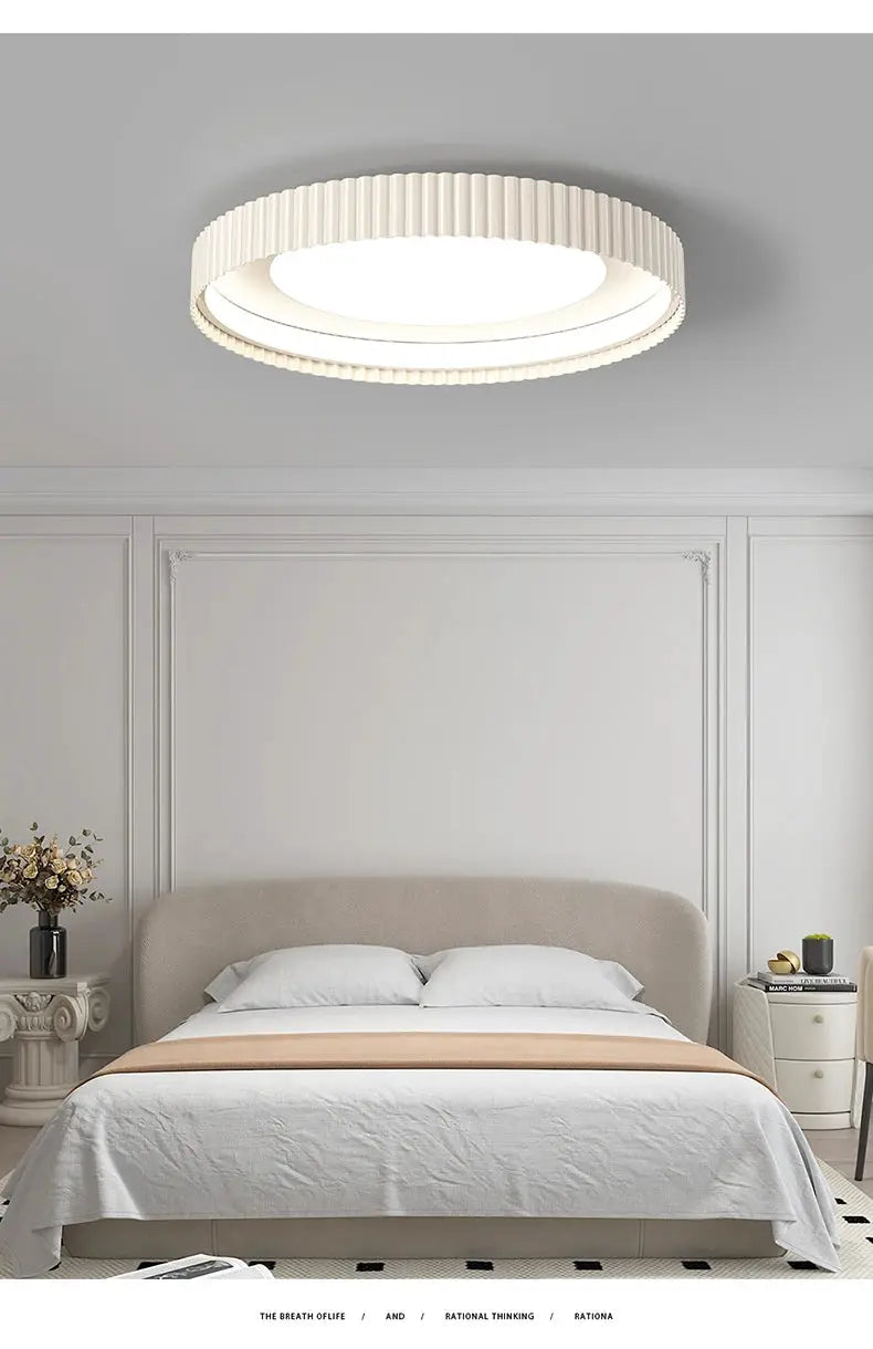 Simples Market modern round LED ceiling light fixture, white ribbed metal ring for master bedroom and living spaces