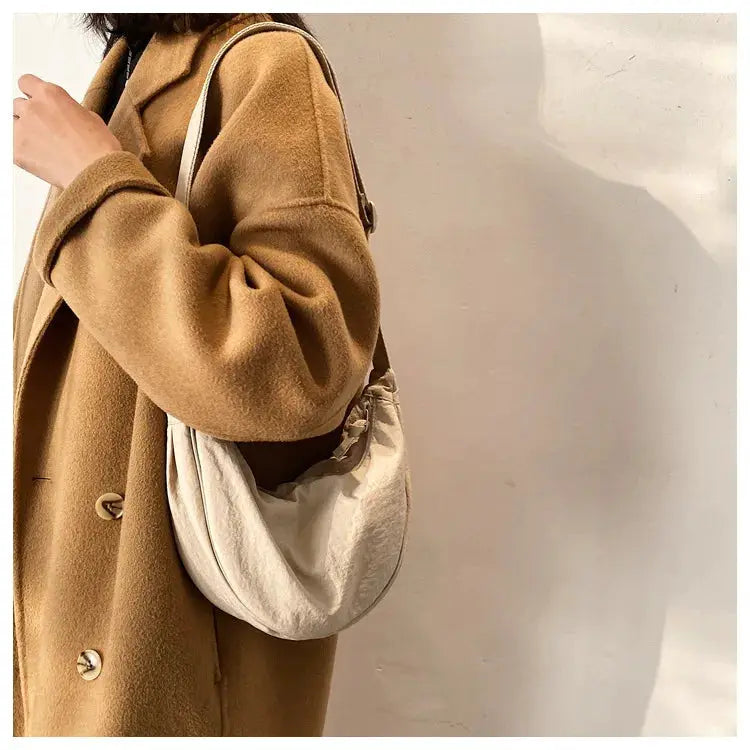 Simples Market casual nylon hobo crossbody bag, light beige, large-capacity women's shoulder bag.