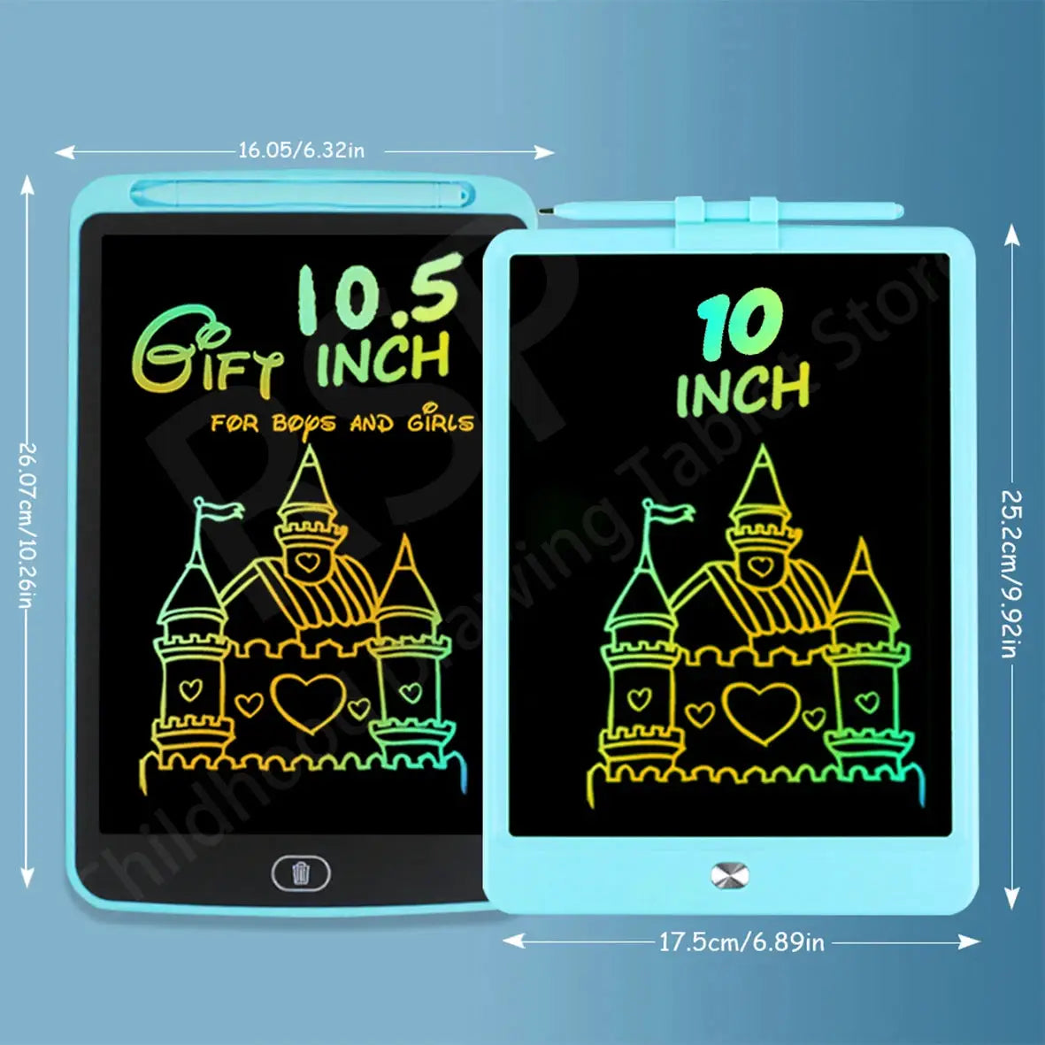 Two blue LCD drawing tablets for kids with stylus, rainbow castle drawings on screens